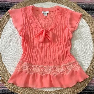 y2k Top Crinkle Chiffon Wrinkle Blouse Flutter Cap Sleeve Ruffles Lace